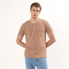 Men's Beige Henley Neck Textured T-Shirt, Beige, small