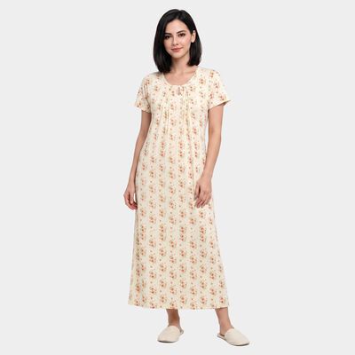 Women's Off White Round Neck Maxi Nighty