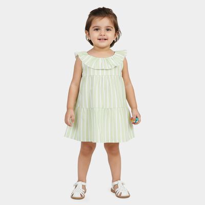 Infants' Green Striped Tiered Sleeveless Cotton Frock