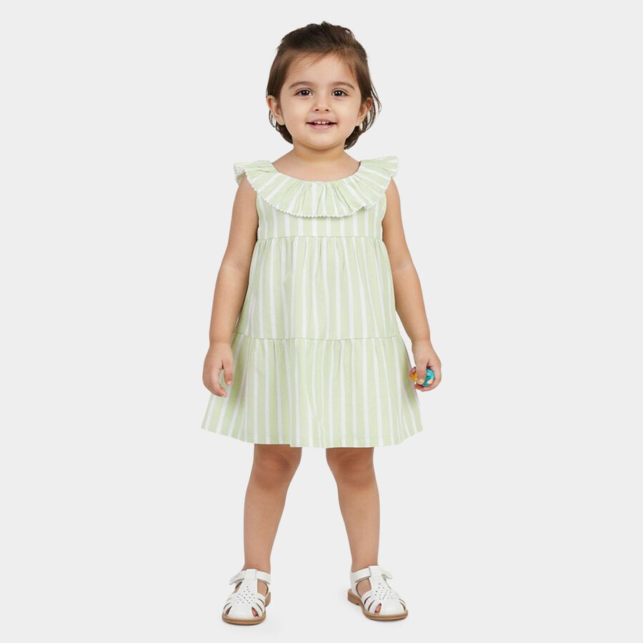 Infants' Green Striped Tiered Sleeveless Cotton Frock, Light Green, large