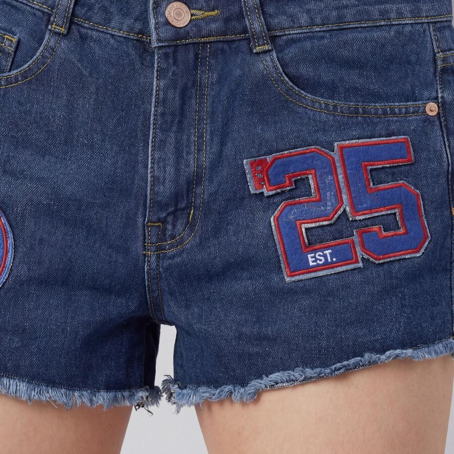 Women's Blue Regular Fit High-Rise Denim Shorts, मध्यम नीला, large