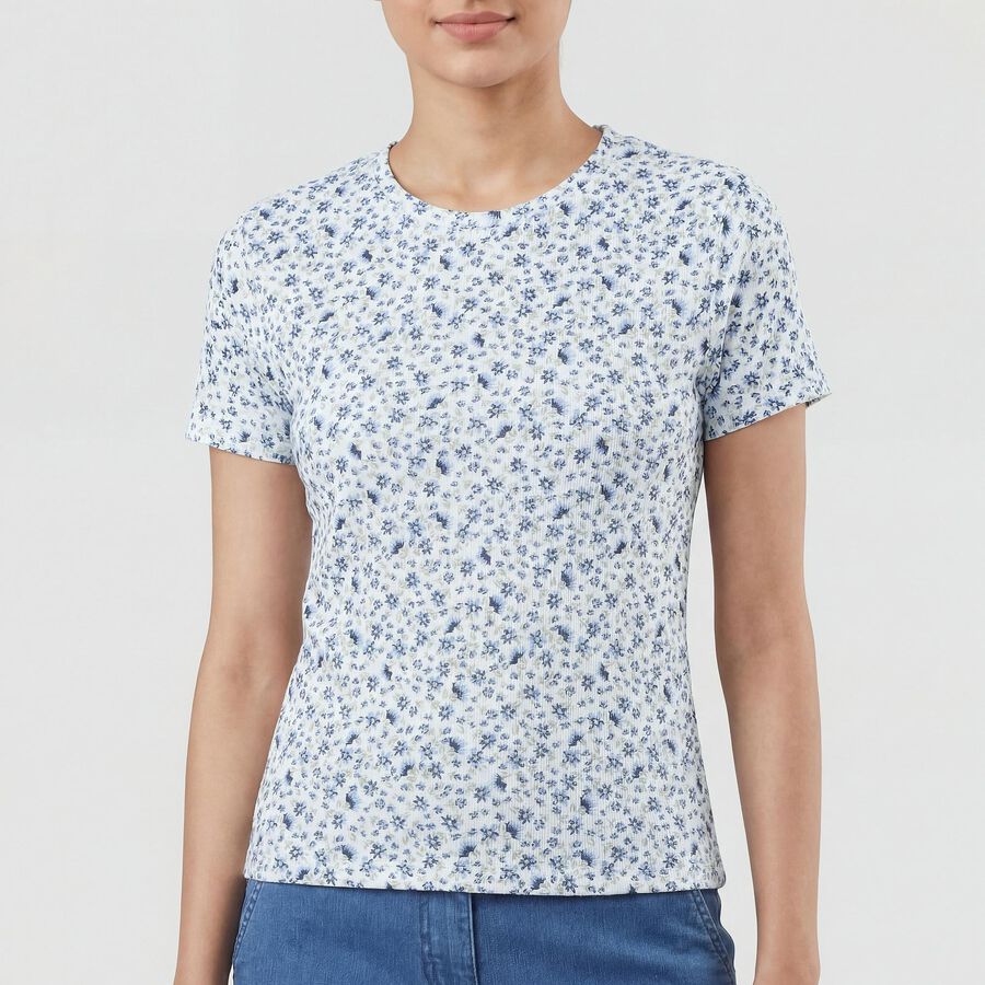 Women's Blue Cotton Blend Round Neck Casual T-Shirt, Blue, large