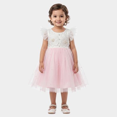 Girls' Pink Fit and Flare Floral Applique Party Wear Frock