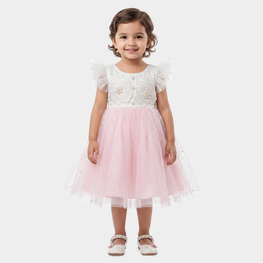 Girls' Pink Fit and Flare Floral Applique Party Wear Frock, हल्का गुलाबी, large