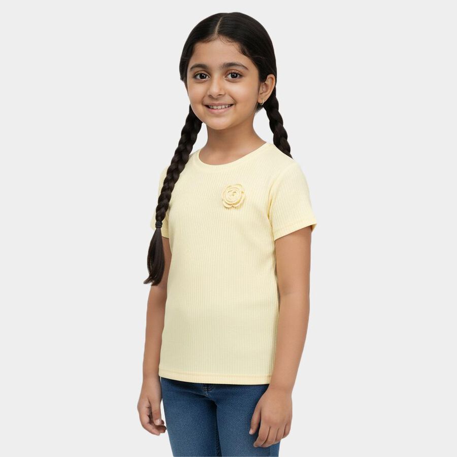 Girls Light Yellow Round Neck Casual T-Shirt, Yellow, large image number null
