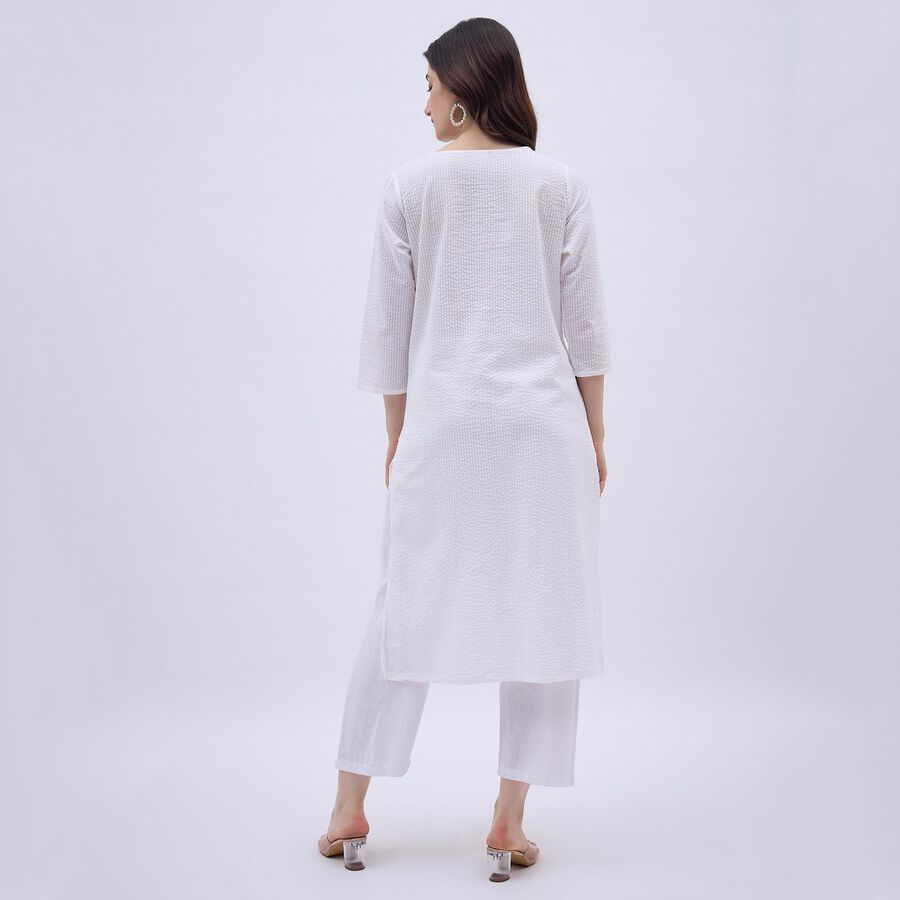 Women's White Cotton V-Neck Embroidered Kurta, ऑफ व्हाइट, large image number null