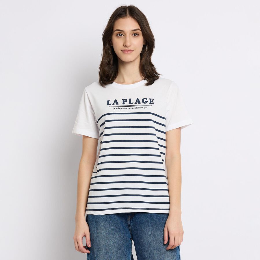 Ladies'  Stripes Round Neck T-Shirt, सफ़ेद, large image number null