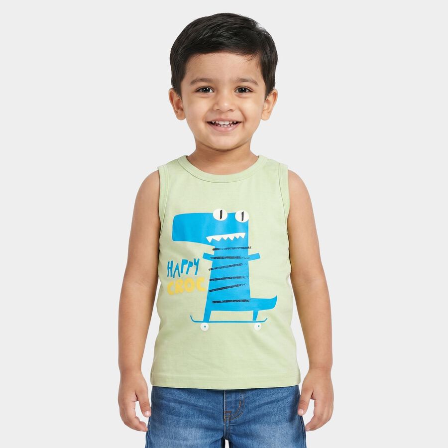 Boys' Mint Green Cotton Blend Round Neck Regular Boys T-Shirt, Light Green, large