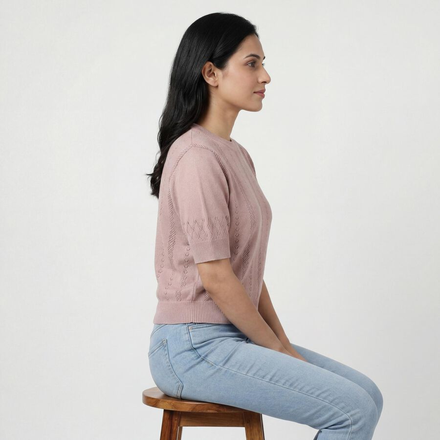 Women's Pink Cotton Round Neck Minimalist Top, गुलाबी, large