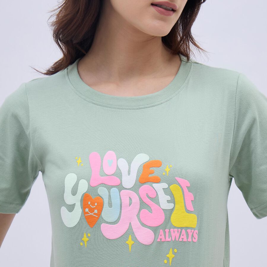 Women's Light Sage Green Cotton Round Neck Graphic T-Shirt, Light Green, large