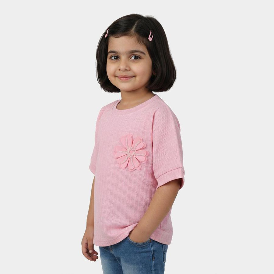 Girls Light Pink Round Neck Casual T-Shirt, Pink, large
