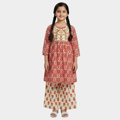 Girls' Beige Round Neck Bohemian Fusion Set