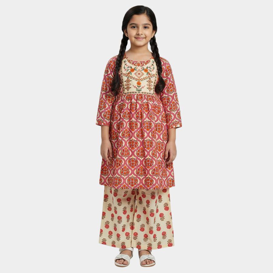 Girls' Beige Round Neck Bohemian Fusion Set, गहरा पीला, large