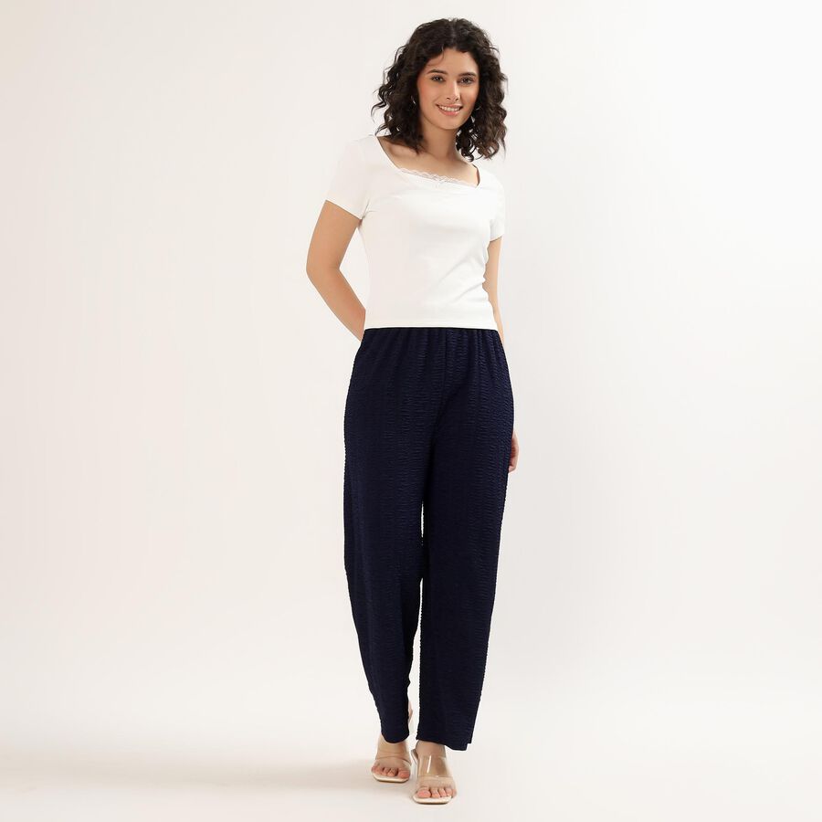Women's Deep Navy Blue Skinny Fit Textured Harem Pants, नेवी ब्लू, large