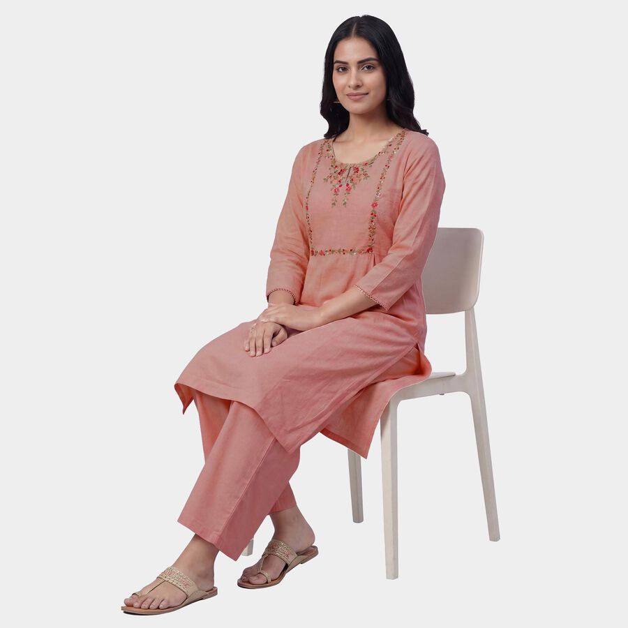 Women's Pink 100% Cotton V-Neck Floral Printed Kurta, गुलाबी, large