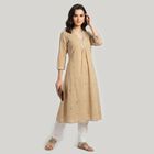 Women's Beige Round Neck Embroidered Straight Kurta, गहरा पीला, small
