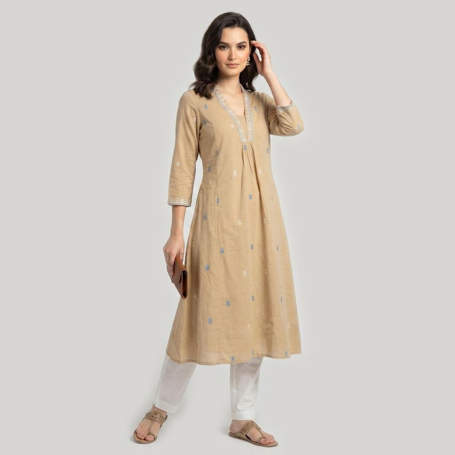 Women's Beige Round Neck Embroidered Straight Kurta, गहरा पीला, large