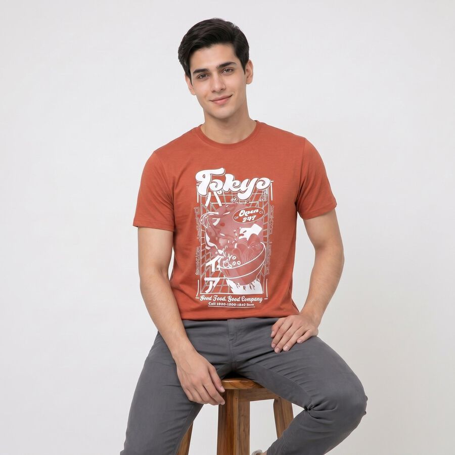 Men's Rust Round Neck Graphic Print Regular T-Shirt, Rust, large