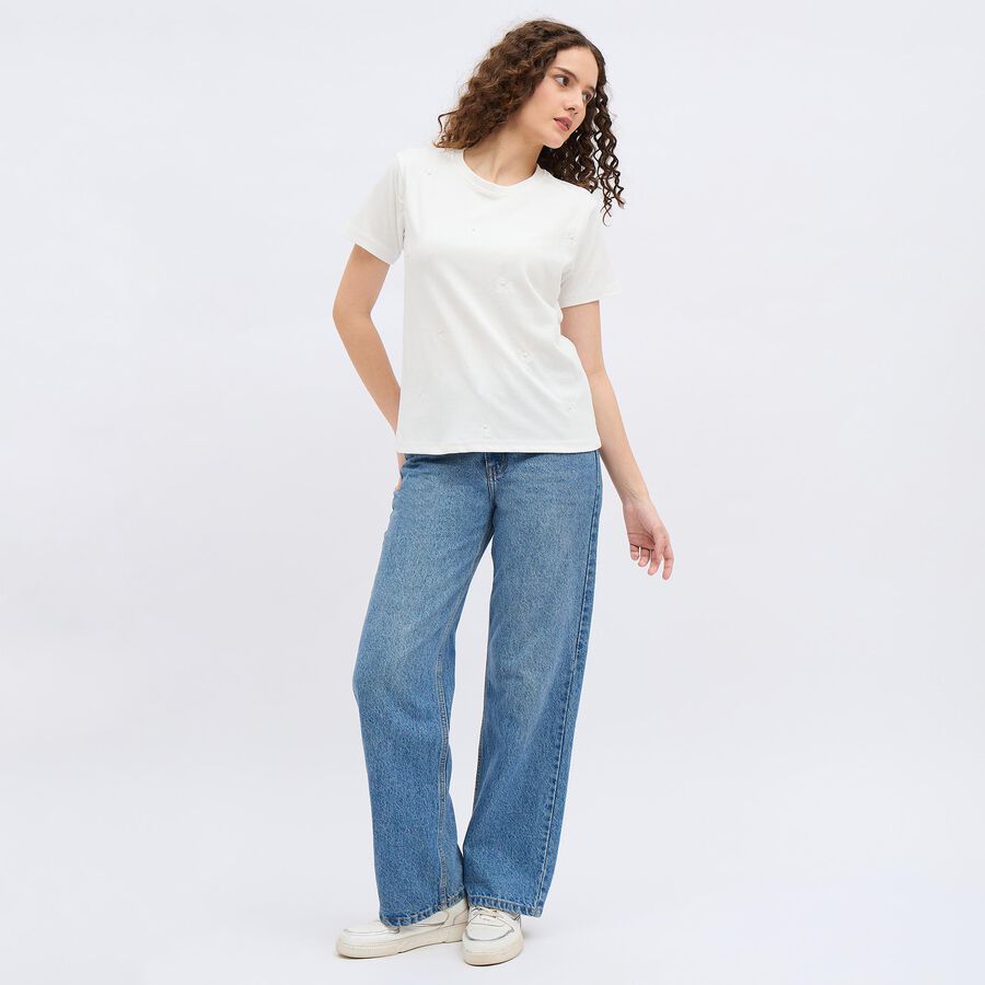 Women's White Round Neck Embellished T-Shirt, सफ़ेद, large image number null