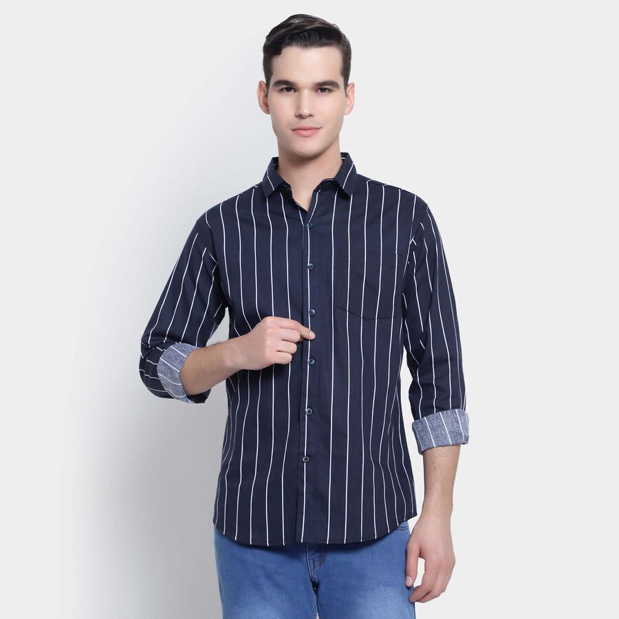 Cotton Stripes Casual Shirt, Navy Blue, large image number null