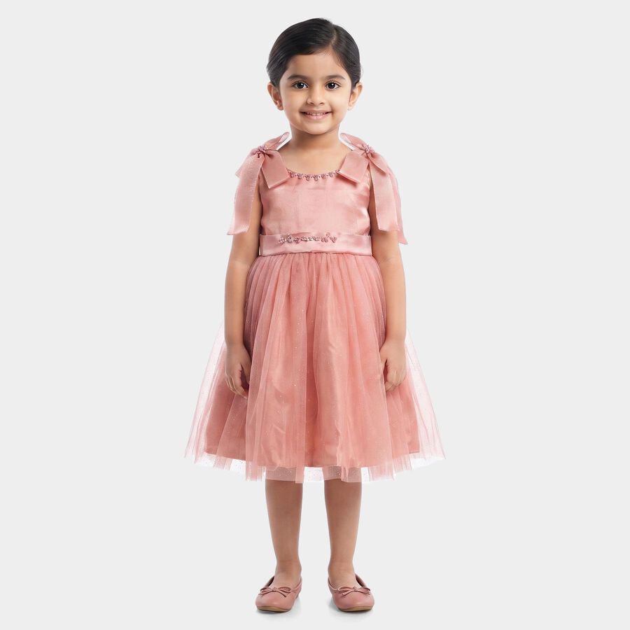 Girls' Pink Fit and Flare Bow Detail Party Wear Frock, Light Pink, large