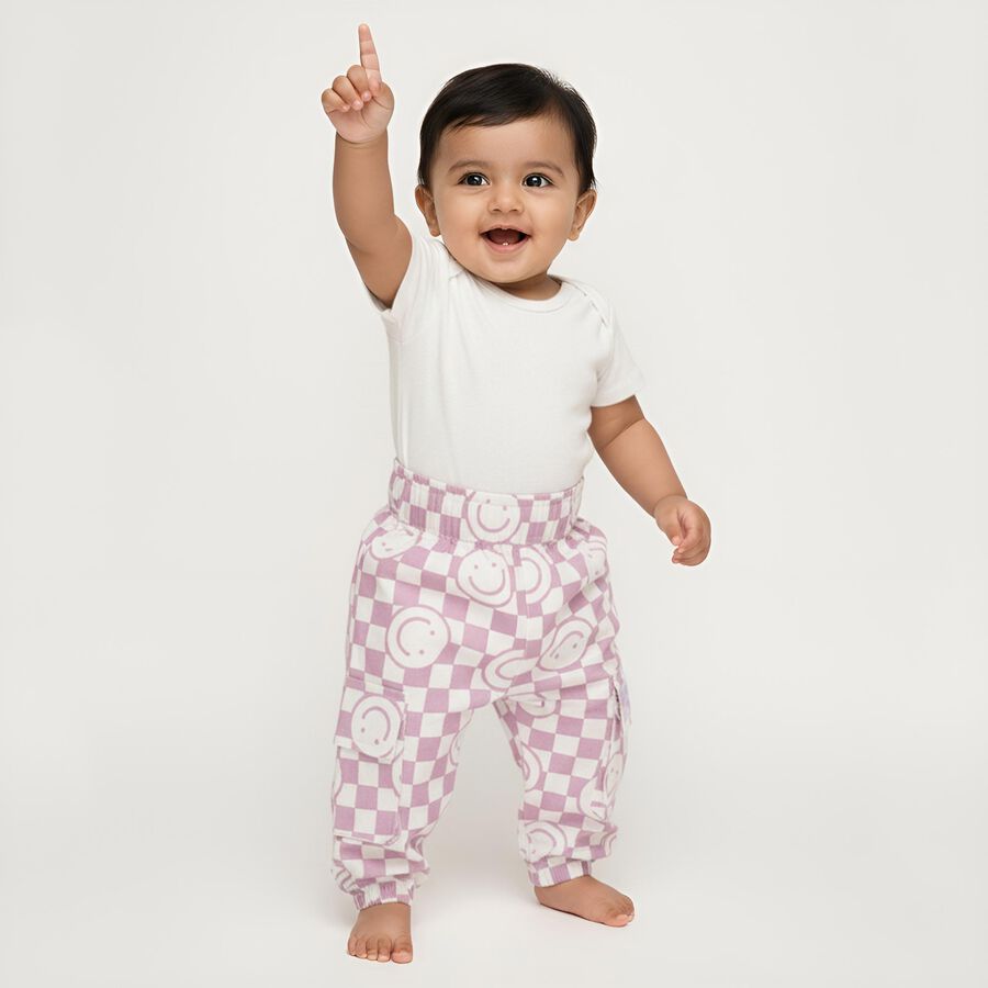 Infants' Lilac and White Elastic Waist Checkered Trousers, लाइलेक, large image number null
