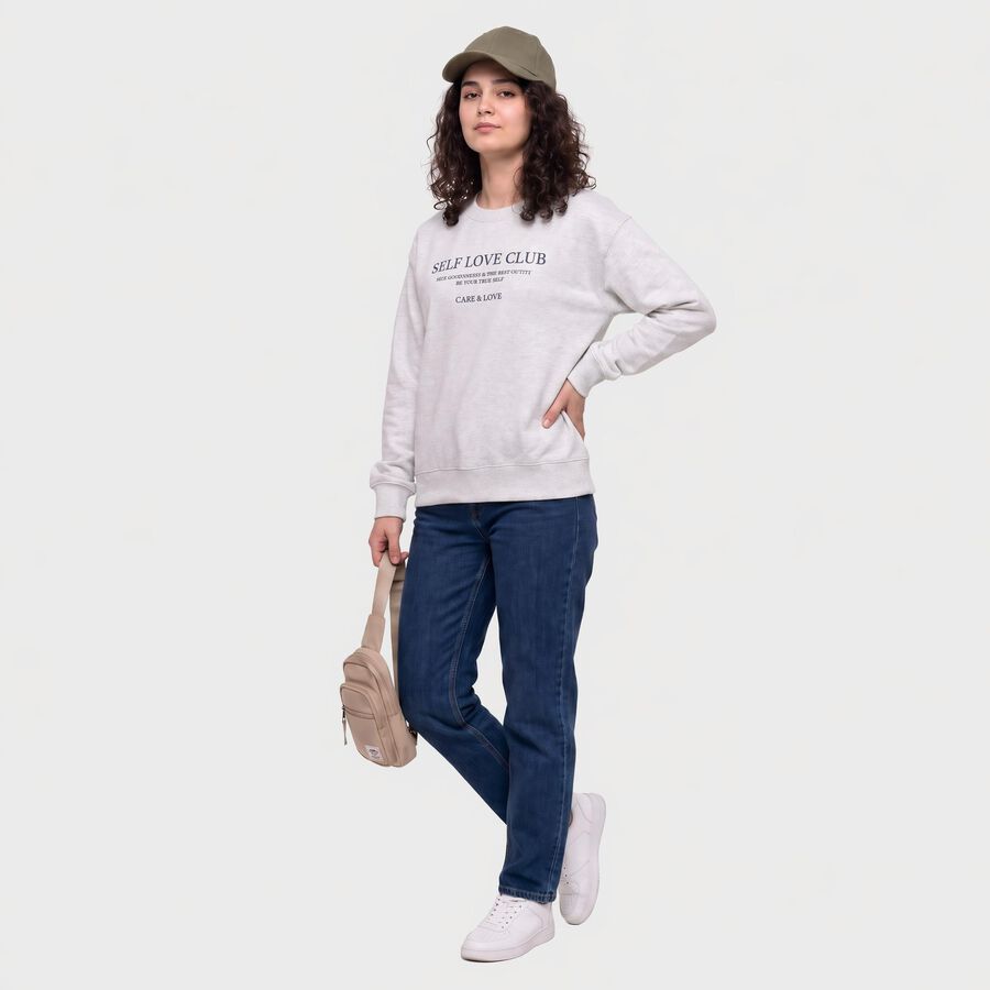 Women's Grey Crew Neck Graphic Print Sweatshirt, मिश्रित हल्का ग्रे, large