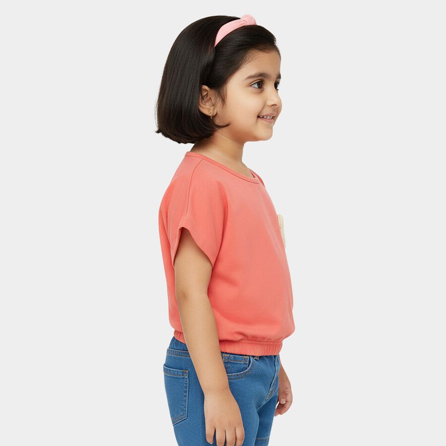 Girls' Coral Cotton Round Neck Casual T-Shirt, मूँगा (कोरल), large