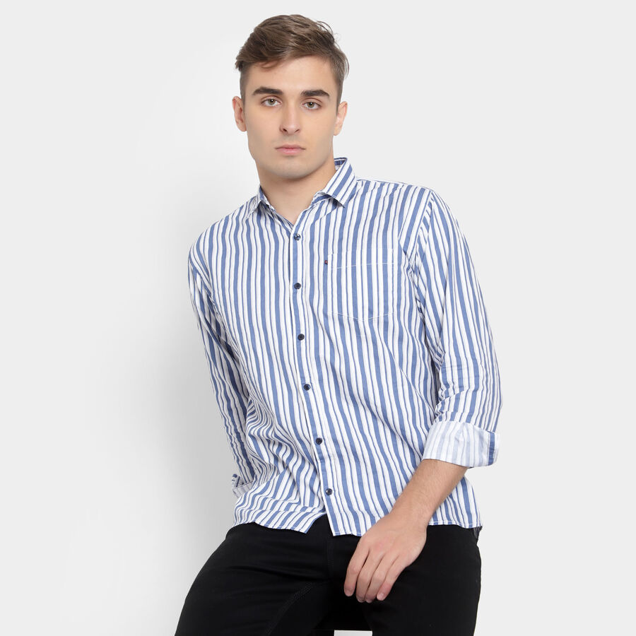 Cotton Stripes Casual Shirt, Navy Blue, large image number null