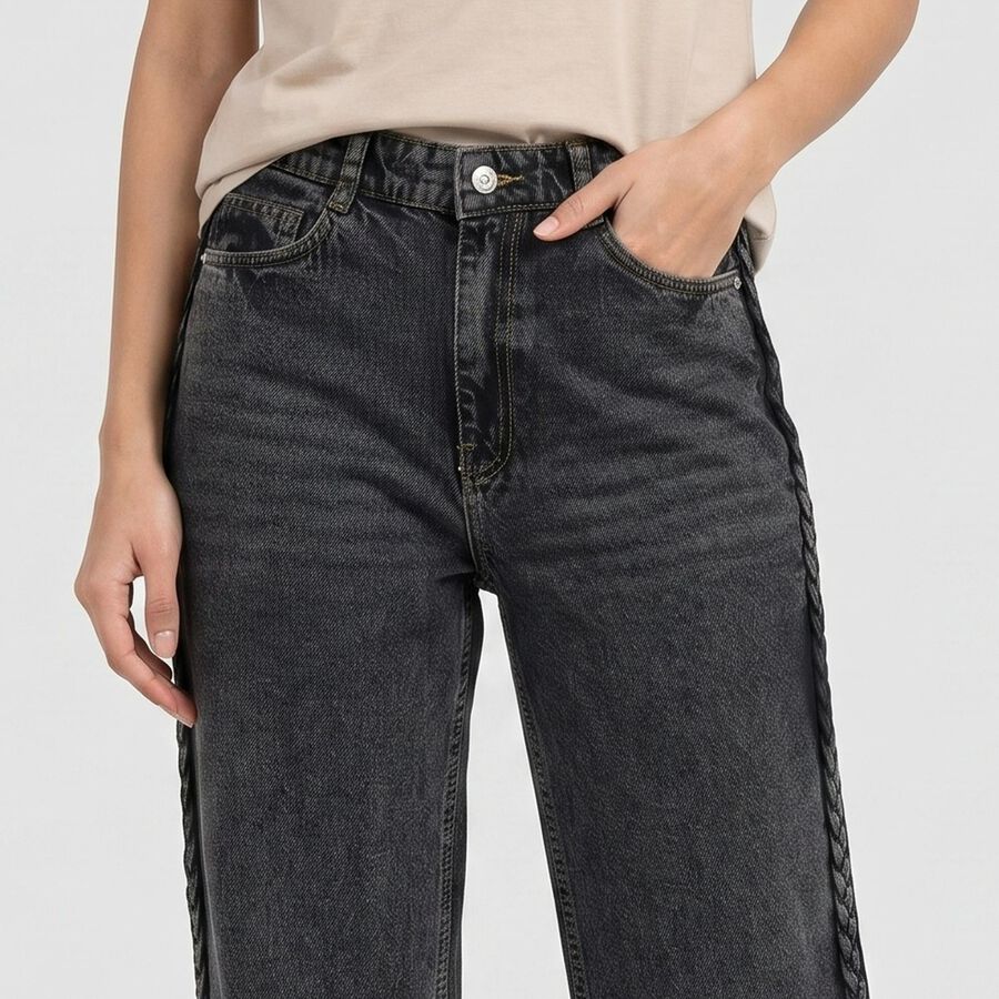 Women's Dark Grey Straight Fit Braided Side Tape Jeans, गहरा ग्रे, large