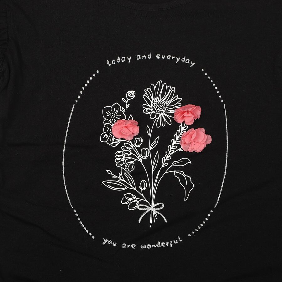 Girls Black Cotton Round Neck Regular T-Shirt, Black, large
