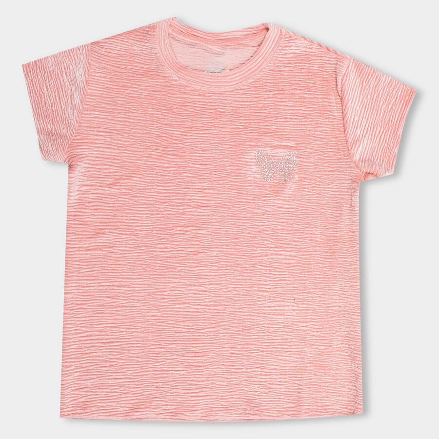 Girls' Light Pink Round Neck Casual Printed T-Shirt, Light Pink, large image number null