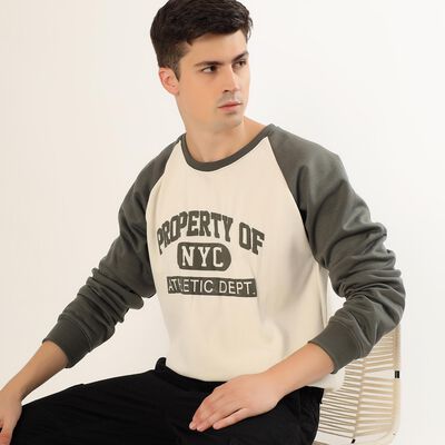 Men's White and Olive Green Crew Neck Casual Sweatshirt