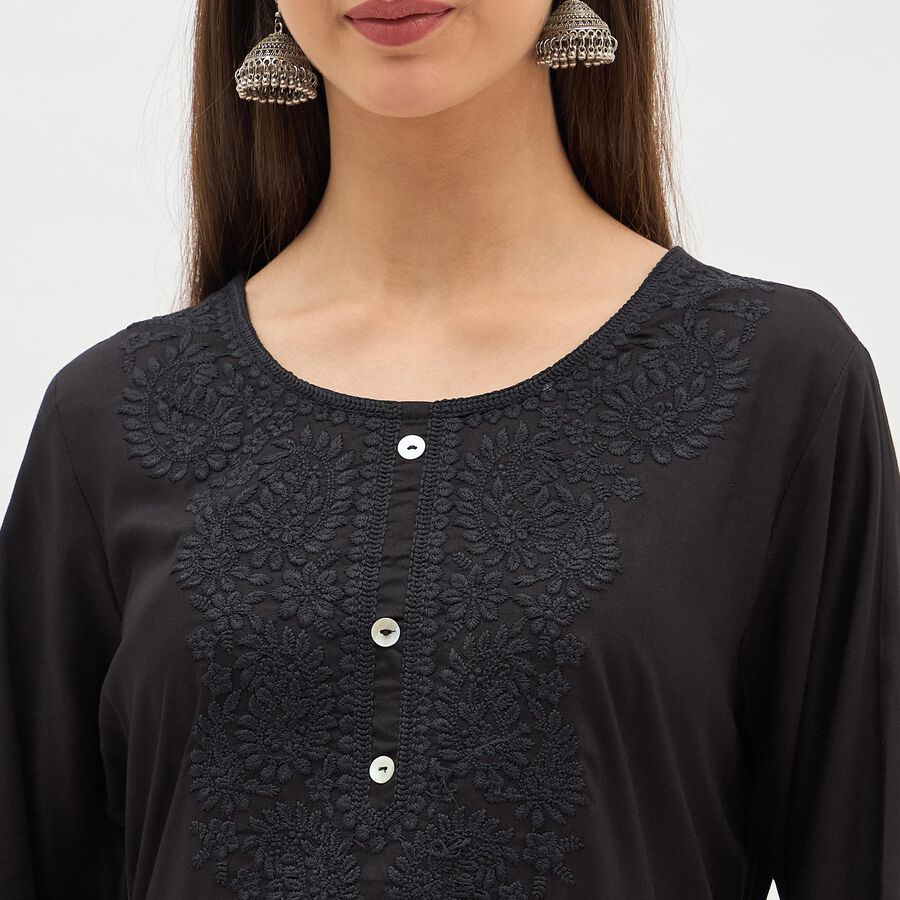 Women's Jet Black Round Neck Embroidered Kurta, Black, large image number null
