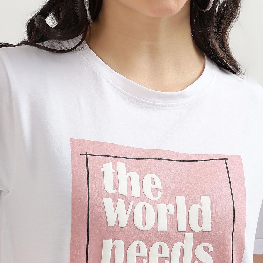 Women's Bright White Cotton Round Neck Printed T-Shirt, White, large image number null