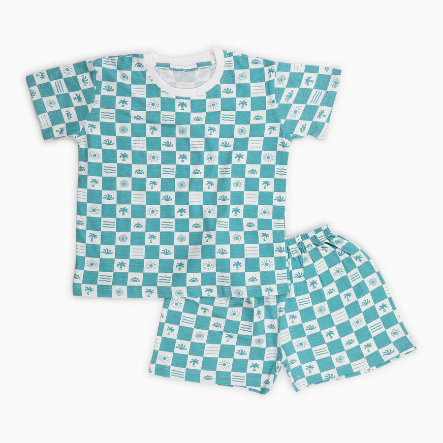Boys Bright Aqua Blue Cotton Round Neck Geometric Night Suit, एक्वा, large image number null