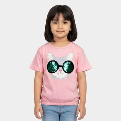 Girls Pink Cotton Round Neck Regular T-Shirt