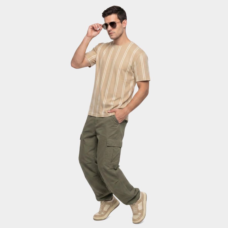 Men's Beige Round Neck Regular T-Shirt, Beige, large