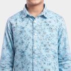 Boys Light Blue Cotton Floral Spread Collar Shirt, Light Blue, small