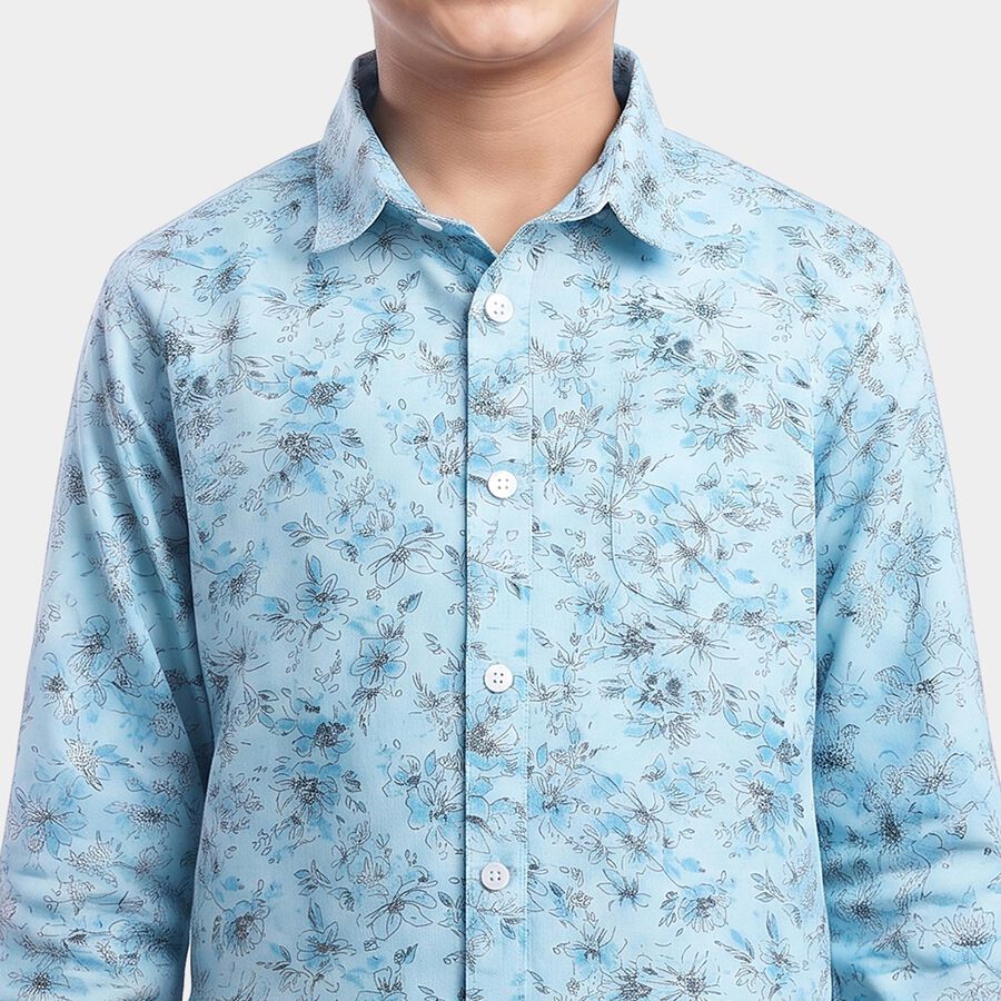 Boys Light Blue Cotton Floral Spread Collar Shirt, Light Blue, large