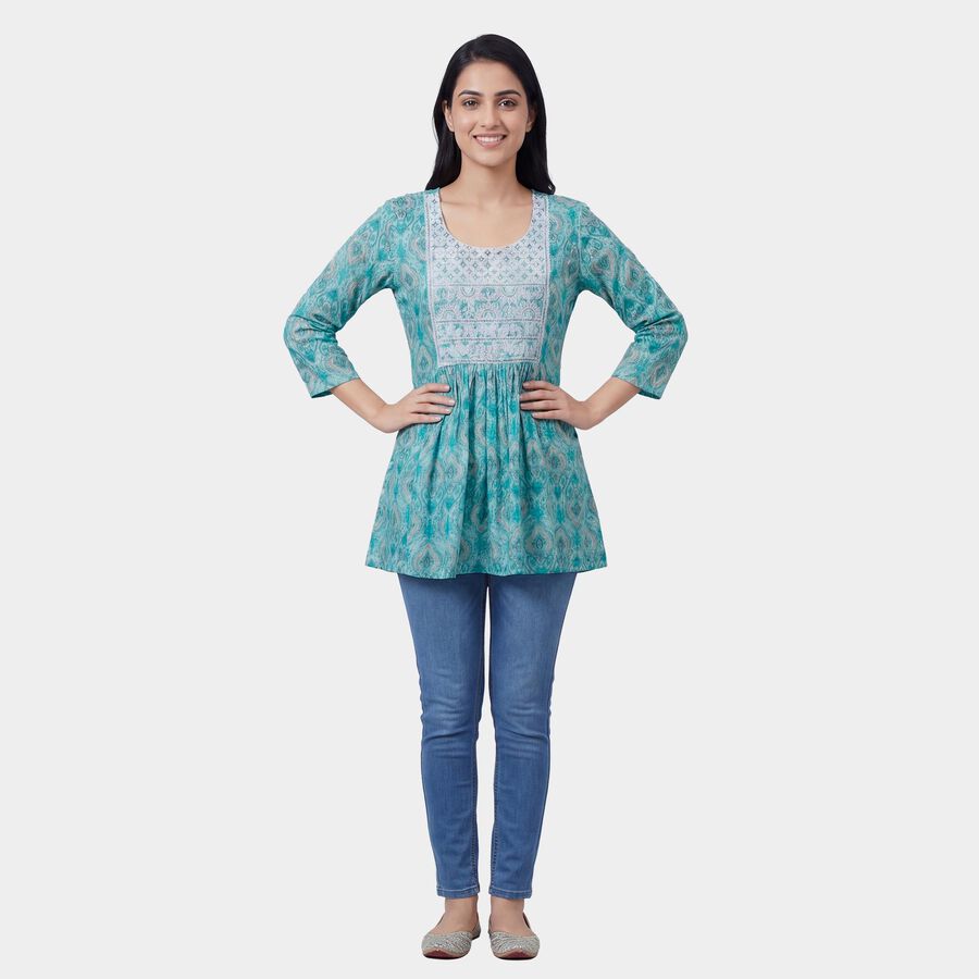 Women's Blue Round Neck Printed Kurti, Light Blue, large