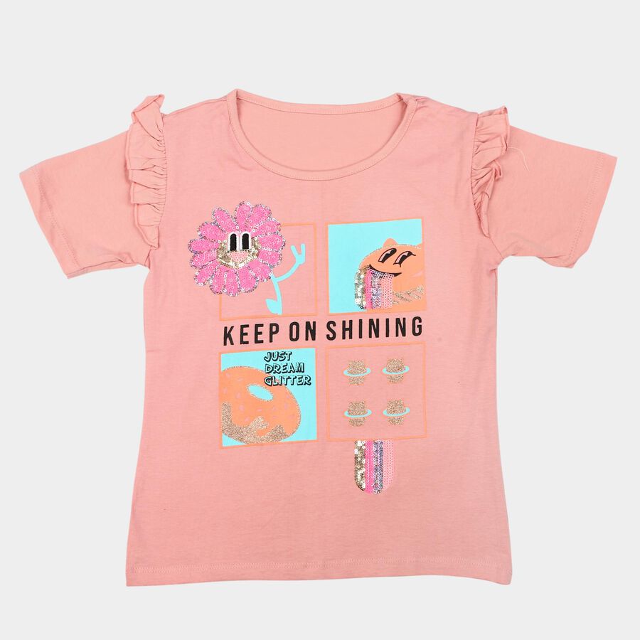 Girls Pink Cotton Round Neck Regular T-Shirt, Light Pink, large