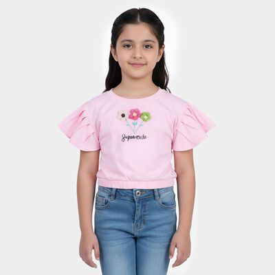 Girls Pink Round Neck Casual T-Shirt