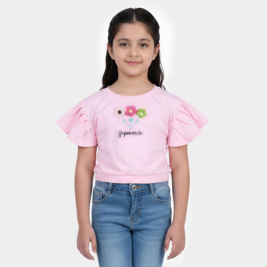 Girls Pink Round Neck Casual T-Shirt, गुलाबी, large