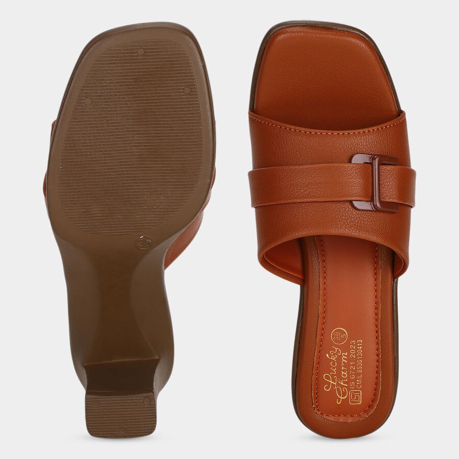 Women's Tan Slip-On Block Heel Sandals, Tan, large