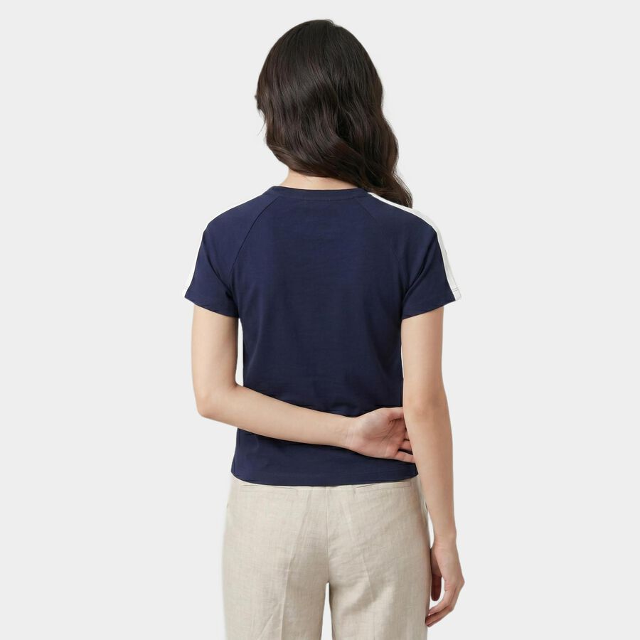 Women Navy Blue Round Neck Regular T-Shirt, नेवी ब्लू, large