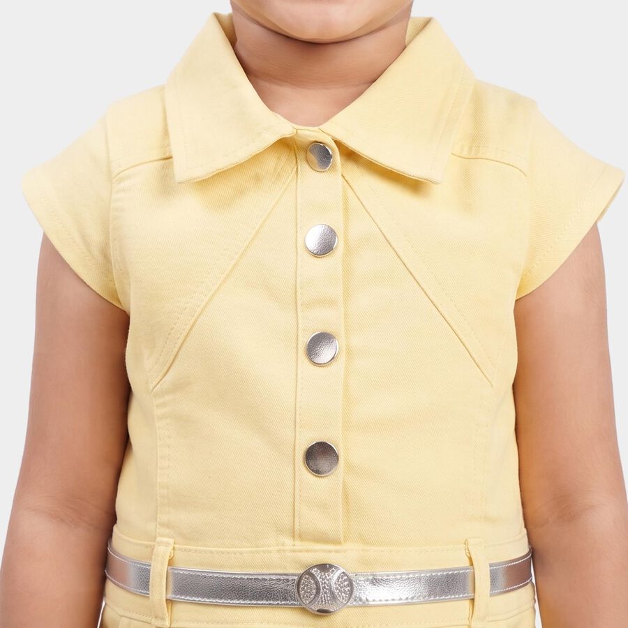 Girls' Yellow Shift Belted Shirt Collar Frock, Yellow, large