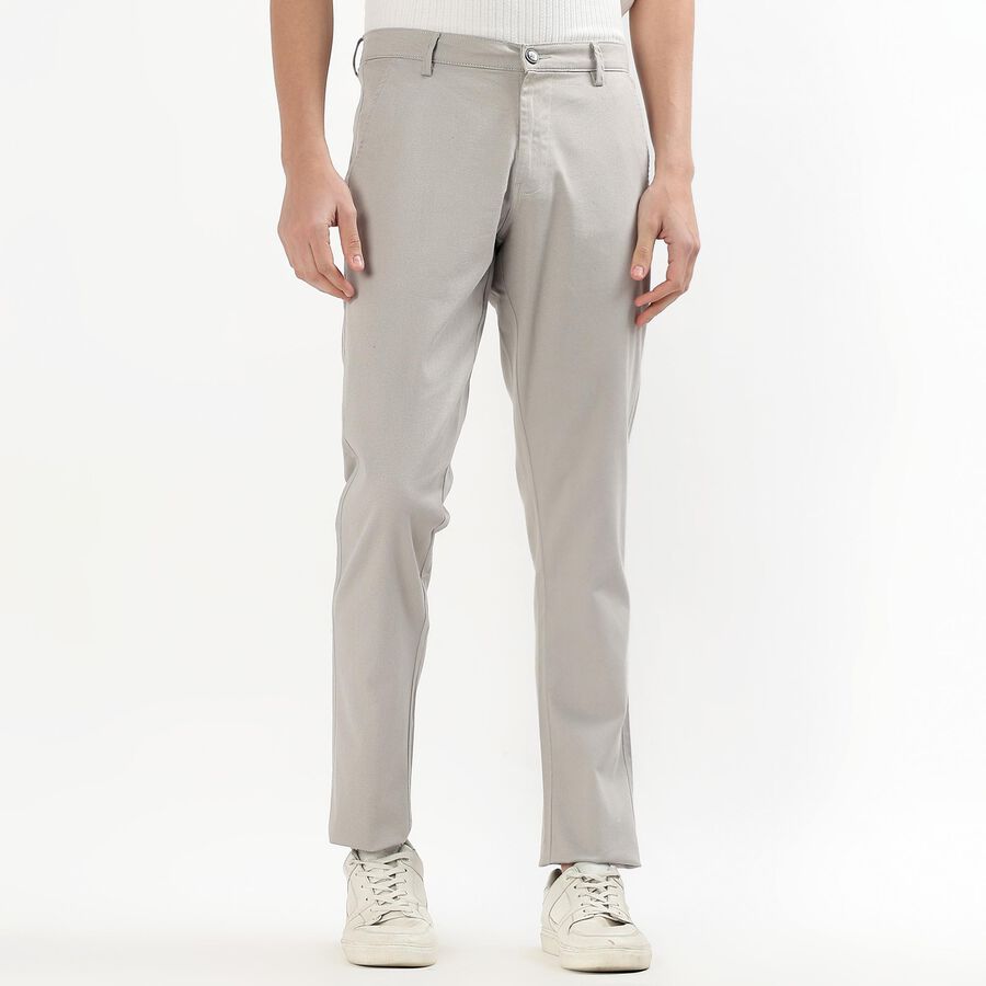 Men's Muted Silver Slim Fit Flat-Front Casual Trousers, सिल्वर, large