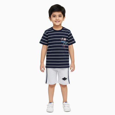 Boys' Navy Cotton Round Neck Striped Baba Suit