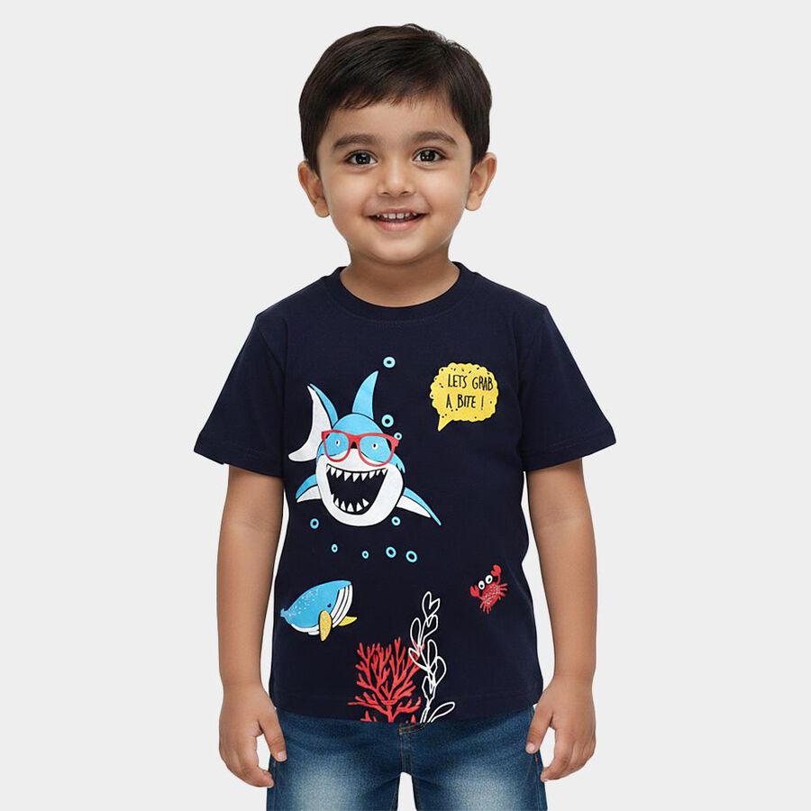 Boys Navy Blue Cotton Crew Neck Casual T-Shirt, Navy Blue, large